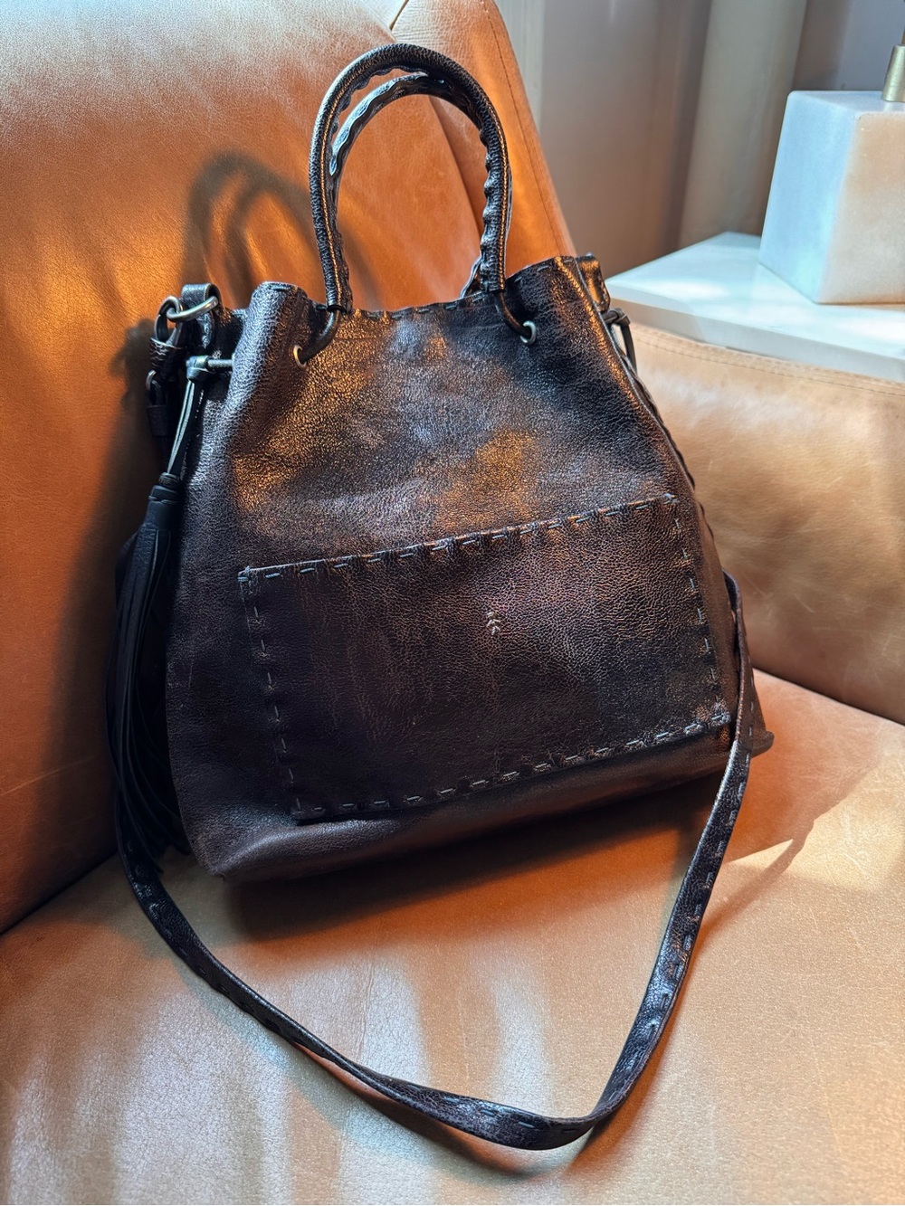Henry Beguelin Metallic Distressed Leather Shoulder Bag Tassels w long strap
